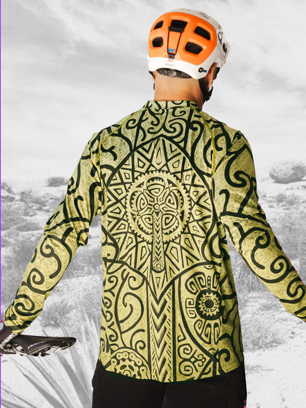 Zanzibar Green Long Sleeve Mountain Bike Jersey  on model back | Cycology AUS